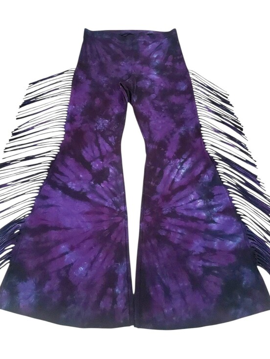 Sew Red Pants - Purple And Black Tie Dye Fringe Flare Bell Bottom Pants Tie Dyed Festival